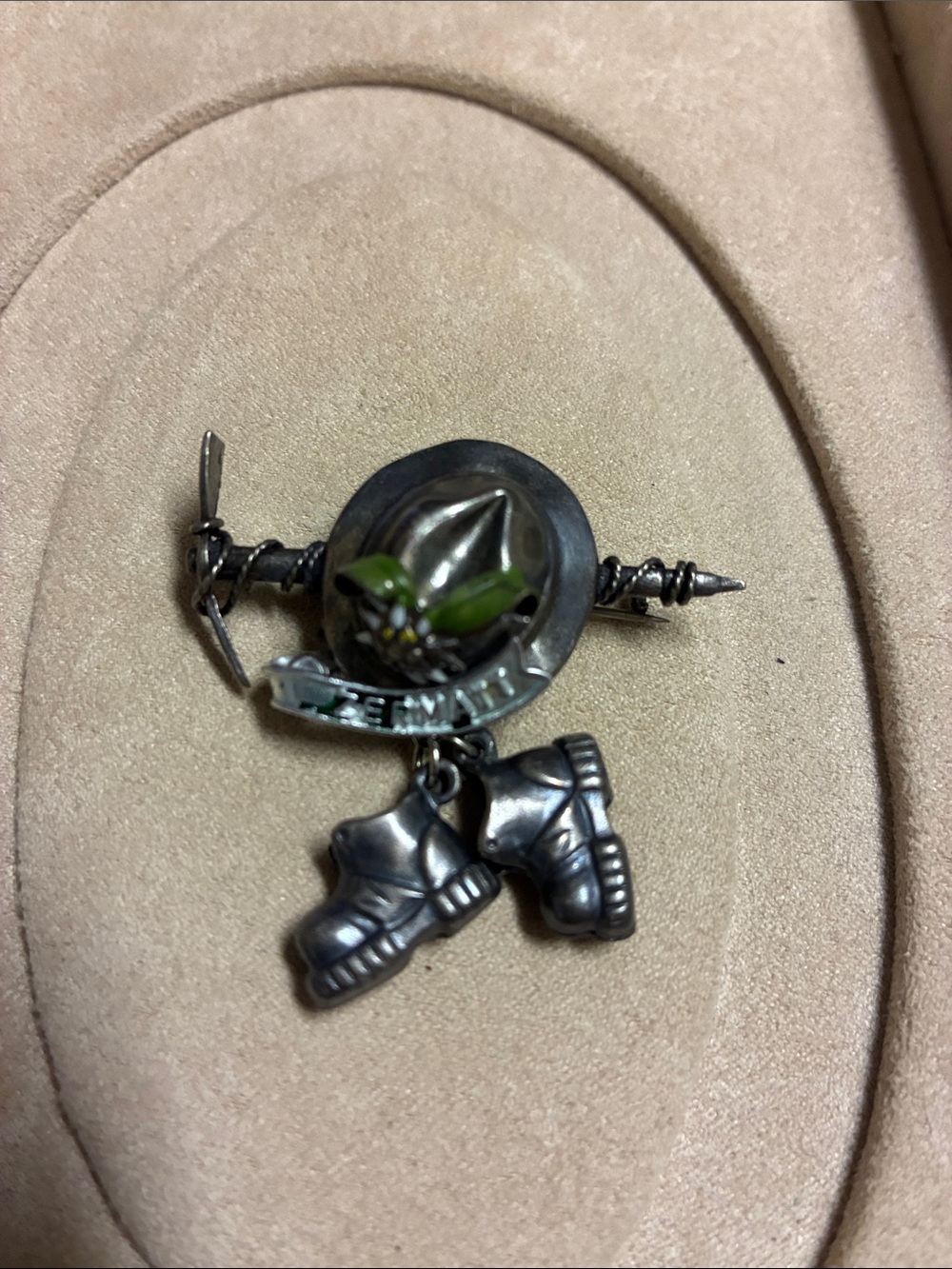 Vintage Zermatt Silver Tone Hiking Brooch with Green Hat Accent